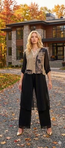 Siyah Desenli Tül Detaylı Uzun Gömlek