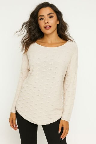 İtalyan Bej Tırtıklı Viskon Yuvarlak Yaka Triko