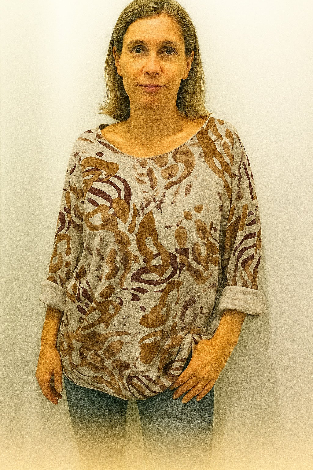 İtalyan Bej Kahve Desenli Bluz