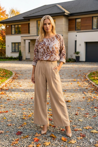 İtalyan Bej Kahve Desenli Bluz