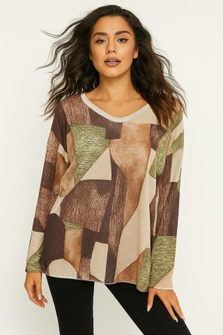 İtalyan Haki Yeşil Kübik Desenli Bluz