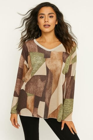 İtalyan Haki Yeşil Kübik Desenli Bluz