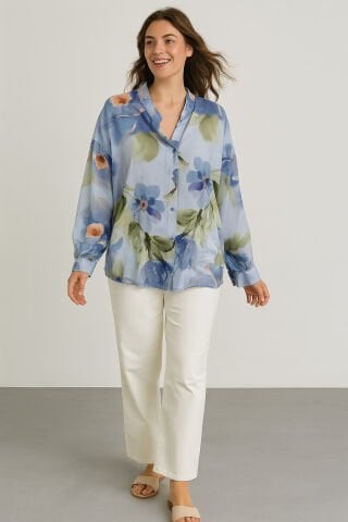 İtalyan Mavi Desenli Hakim Yaka Kollu Viskon  Gömlek