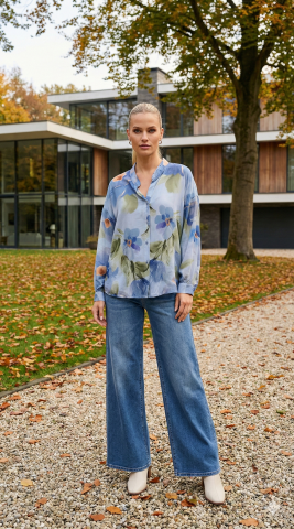 İtalyan Mavi Desenli Hakim Yaka Kollu Viskon  Gömlek