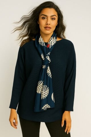 Lacivert Eşarplı V  Yaka Triko Bluz