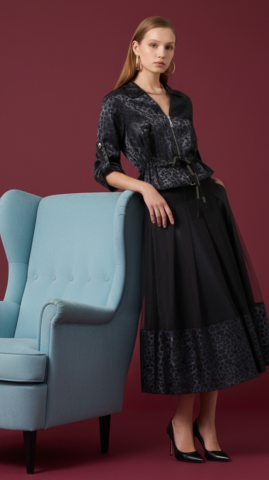 Siyah Tül Eteği Saten Leopar Deseni ile Kombinlenmiş Etek