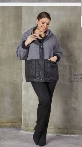 Büyük Beden Buklet Gri Siyah Kapşonlu Kaban