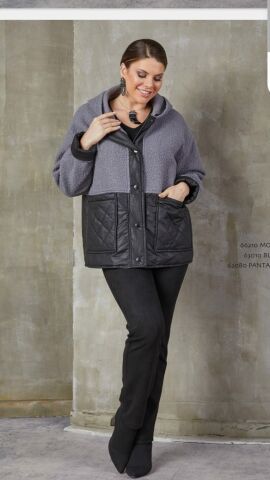 Büyük Beden Buklet Gri Siyah Kapşonlu Kaban