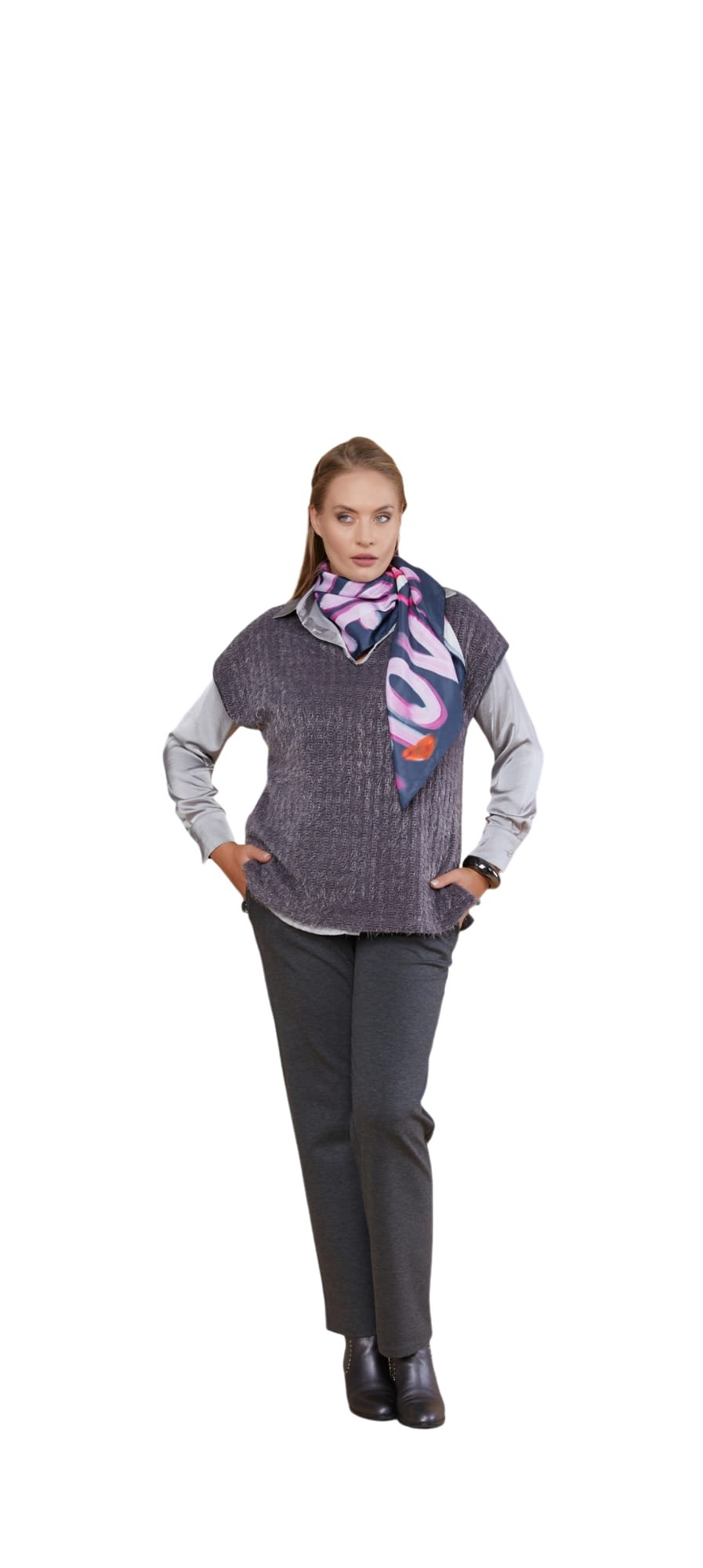 Füme Rengi Büyük Beden Shöni Kumaş Suveter