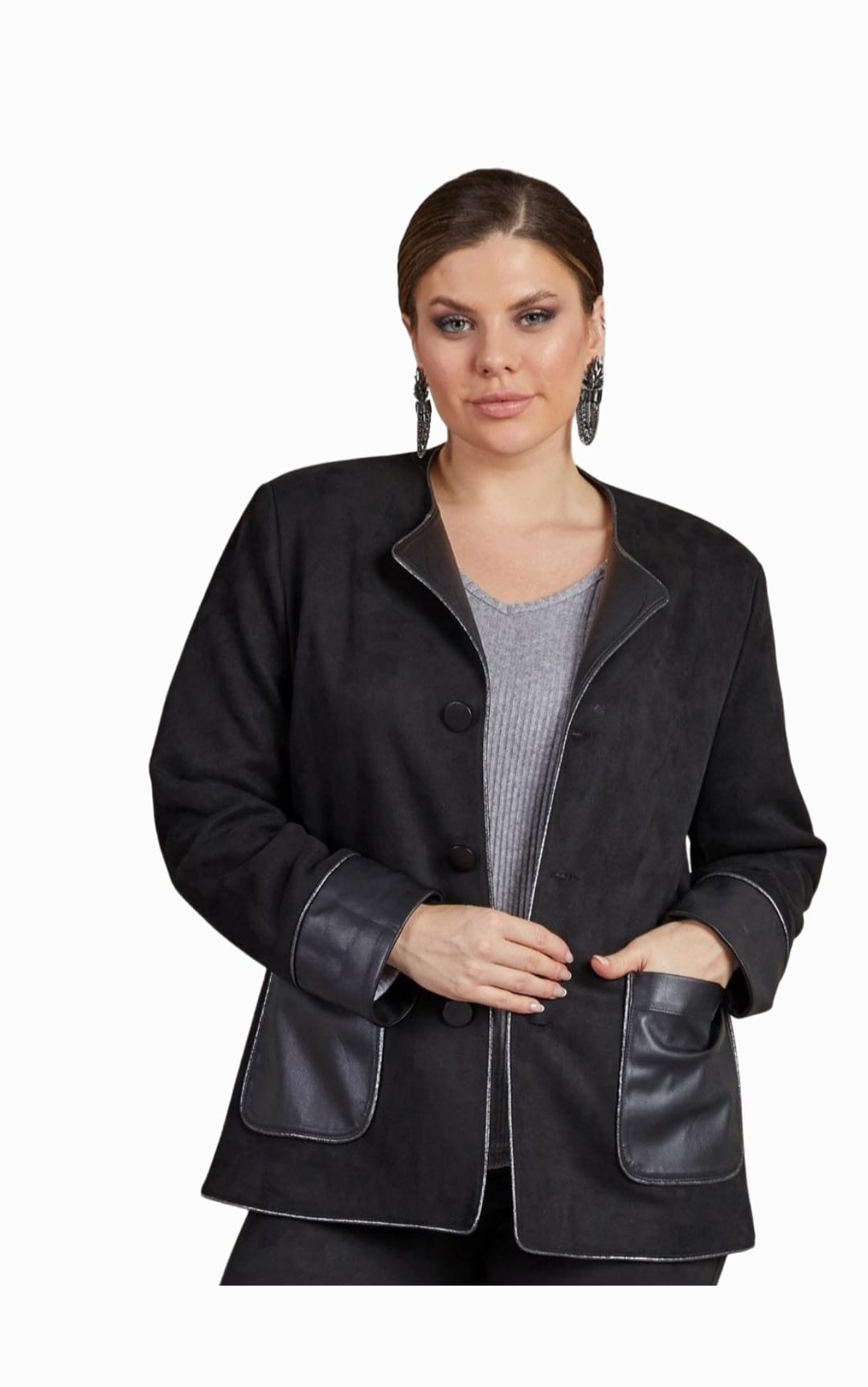 Büyük Beden Siyah Yuvarlak Yaka Deri Garnili Simli Dikişli Ceket