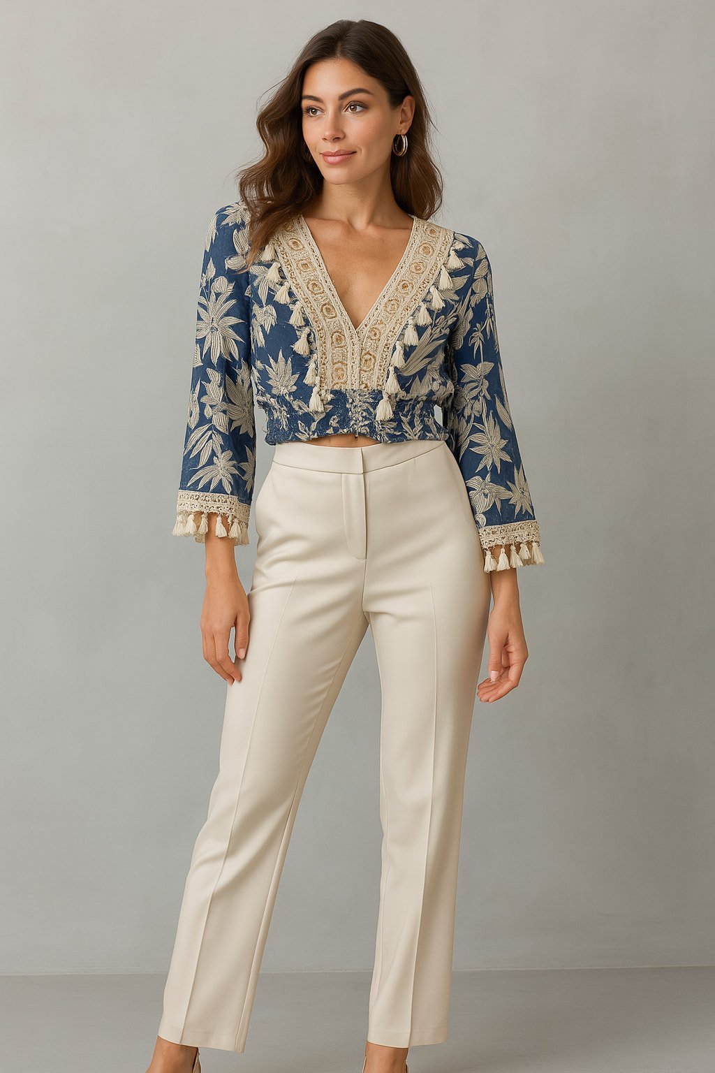 Bej Rengi Saten Gabardi Boru Paça  Pantalon