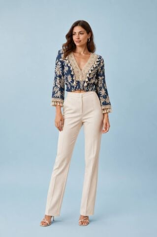 Bej Rengi Saten Gabardi Boru Paça  Pantalon