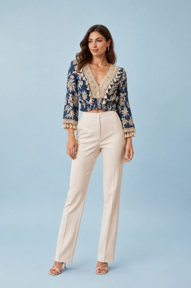 Bej Rengi Saten Gabardi Boru Paça  Pantalon