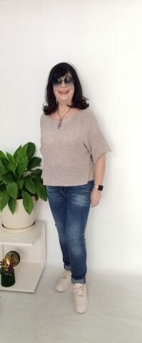 Italya Merserize Kısa Kollu Salaş Bluz Bej Rengi