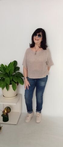Italya Merserize Kısa Kollu Salaş Bluz Bej Rengi