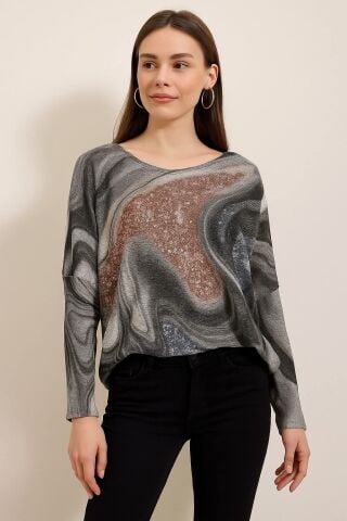 italyan  Gri Taba  Desenli  Cotton Yarasa Kol Bluz