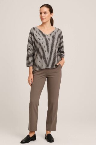 italyan  Gri Desenli  Cotton Yarasa Kol Bluz