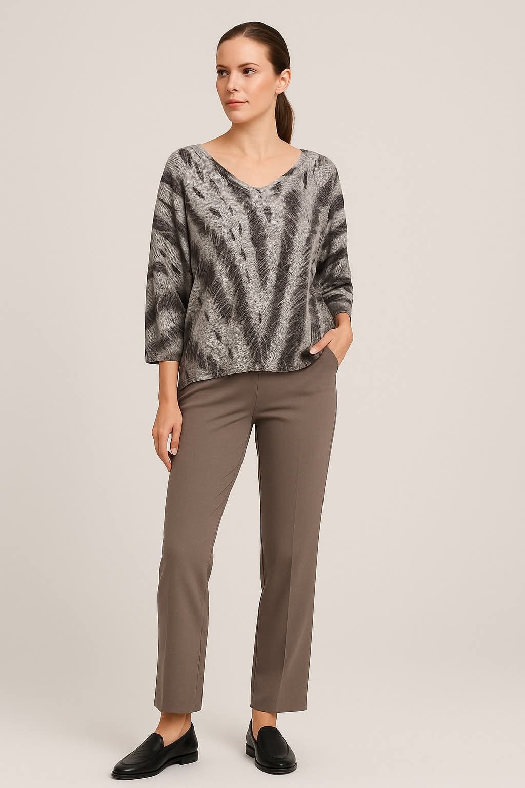 italyan  Gri Desenli  Cotton Yarasa Kol Bluz