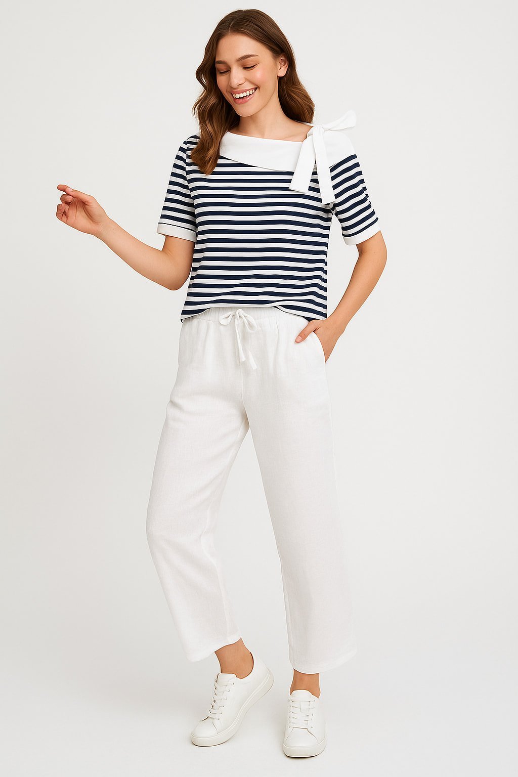 Lacivert Beyaz Çizgili Devrik Yaka Denizci Modeli  Cotton Bluz