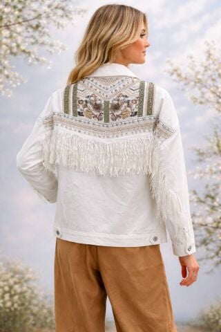 Beyaz Jean İtalyan Püsküllü Özel Tasarım Ceket