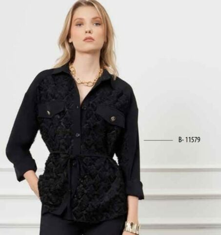 Büyük Beden Önü Dantal Yakalı Kumaş Gömlek Ceket