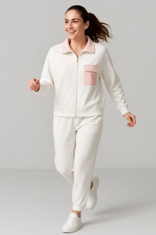 Büyük Beden Beyaz Yaka Ve Cebi Pembe Saten  Pamuk  EşofmanBüyük Beden Beyaz Yaka Ve Cebi Pembe Saten  Pamuk  Eşofman