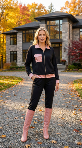 Büyük Beden Siyah  Yaka Ve Cebi Pembe Saten  Pamuk  Eşofman