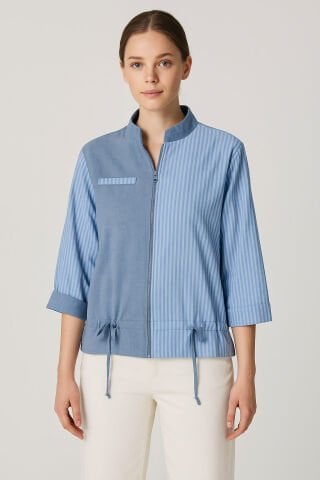 Birtarafı Düz Diger Tarafı Çizgili Mavi Fermuarlı Ceket