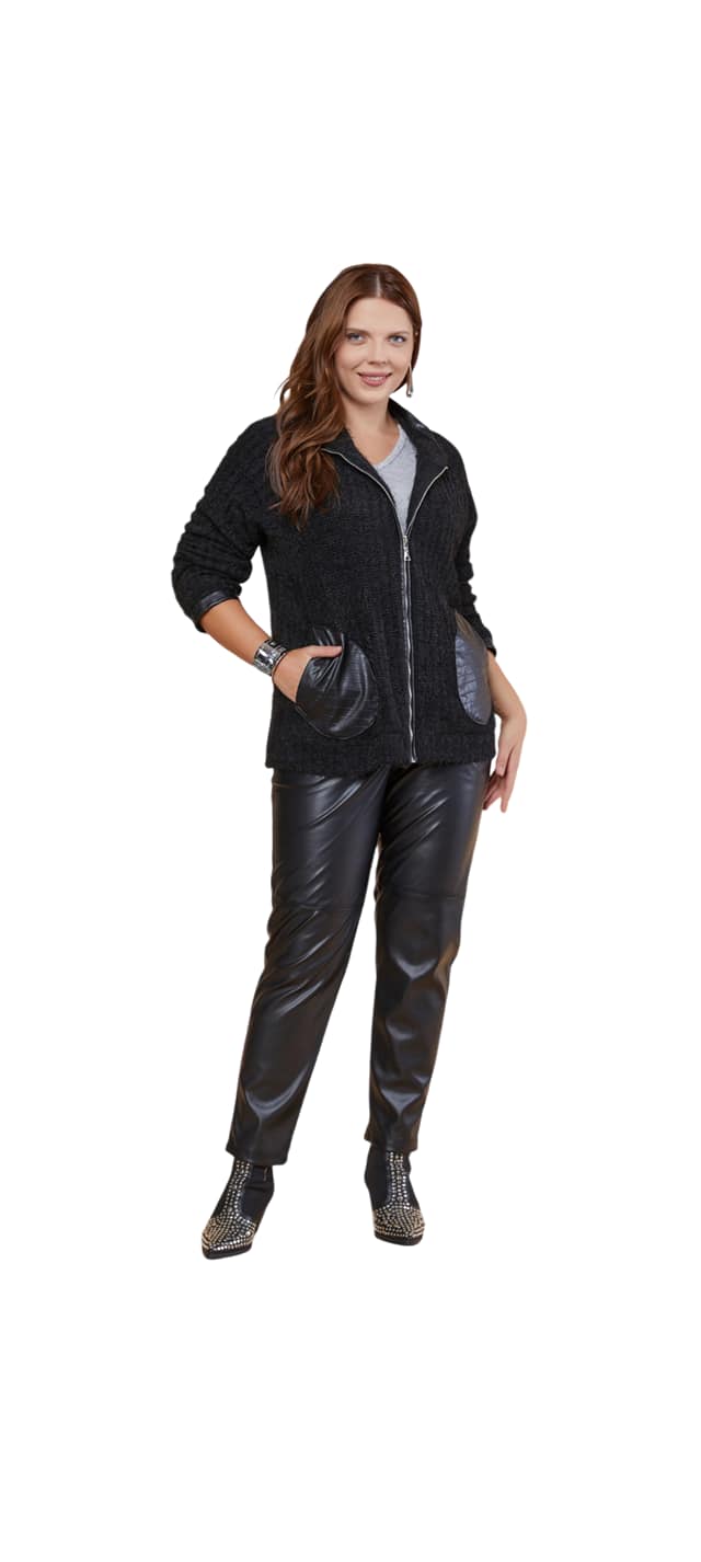 Siyah Büyük Beden Fermuarlı Shöni Kumaş   Deri Garnili Ceket