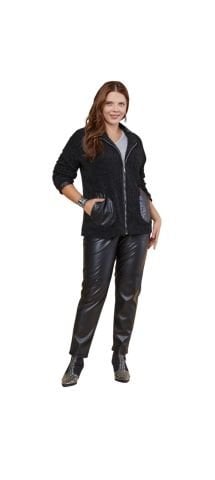 Siyah Büyük Beden Fermuarlı Shöni Kumaş   Deri Garnili Ceket