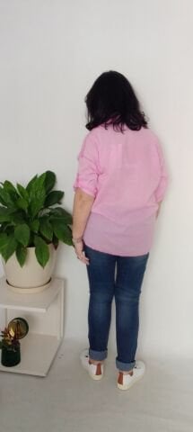 Italyan Yıkamalı Pembe Gömlek Kalp Desenli Fistolu Kısa Kollu Önü İşleme Fistolu