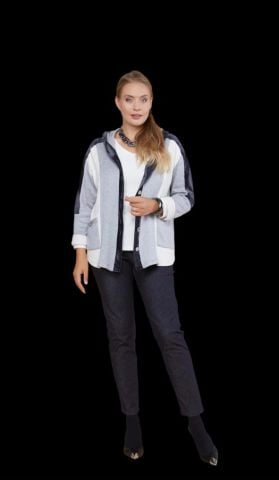 Gri  Beyaz Dügmeli Kapşonlu  Cepli   Triko Kumaş Ceket Modeli Hırka