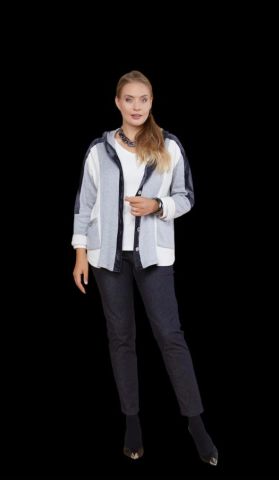 Gri  Beyaz Dügmeli Kapşonlu  Cepli   Triko Kumaş Ceket Modeli Hırka