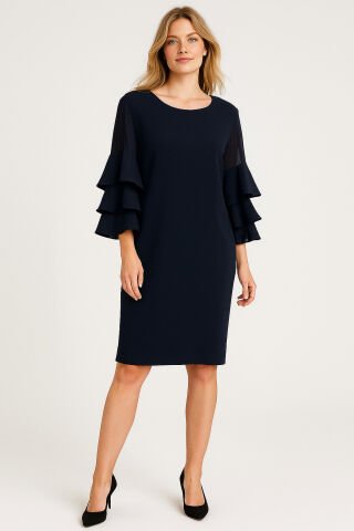 Lacivert kolları fırfırlı diz boyu elbise