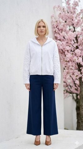 Beyaz İtalyan Üstü Çiçek Glaseli Kapşonlu Mont Modeli Ceket