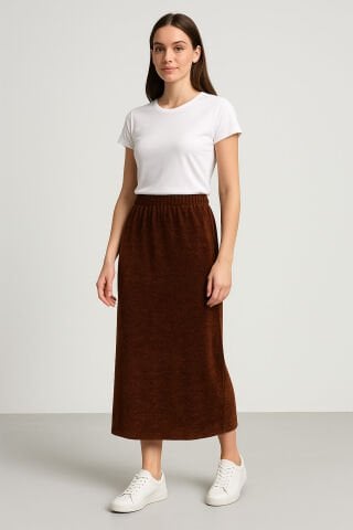 Uzun Taba Rengi Simli Etek