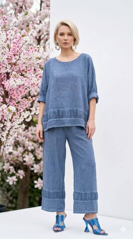 İndogo Rengi İtalyan  Pantalanlu  Keten Takım Bluzun Ve Pantalonun Etegi Esprili
