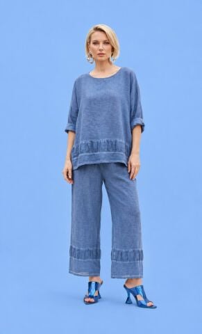 İndogo Rengi İtalyan  Pantalanlu  Keten Takım Bluzun Ve Pantalonun Etegi Esprili