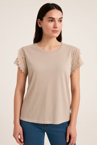 İtalyan Bej Rengi  Düşük Kol Fistolu Cotton Bluz