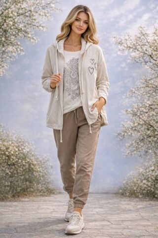 Keten Kapşonlu Arkası Ayakkabı Figürü Olan  Ceket