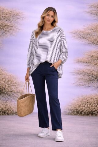 Lacivert Beyaz  Rengi Çizgili İtalyan Salaş Bluz