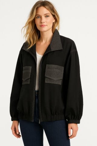 Siyah Cepleri Taşlı Yagmurluk