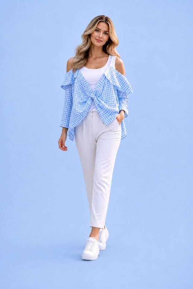 İtalyan Mavi Kareli Kolları Esprili Cotton Bluz