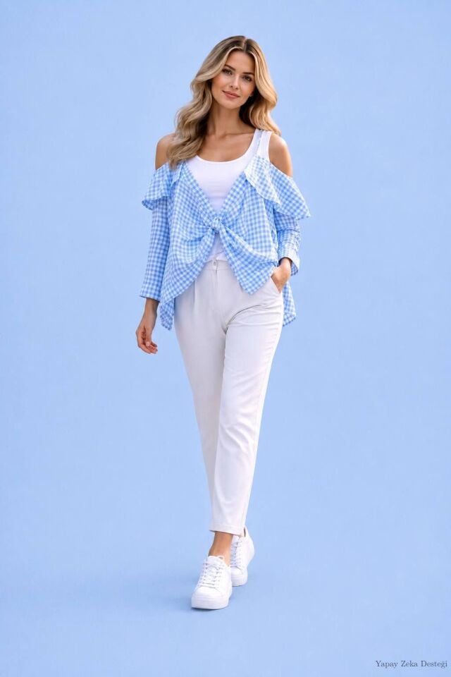 İtalyan Mavi Kareli Kolları Esprili Cotton Bluz