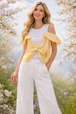 İtalyan Sarı Kareli Kolları Esprili Cotton Bluz