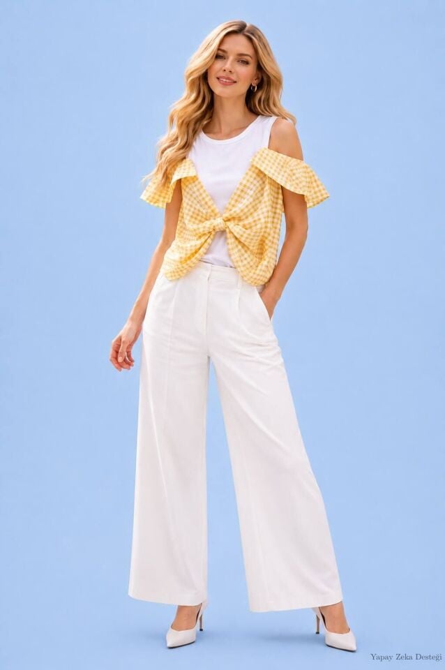 İtalyan Sarı Kareli Kolları Esprili Cotton Bluz