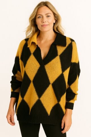 Sarı Siyah Polo Yaka Salaş Triko Kazak