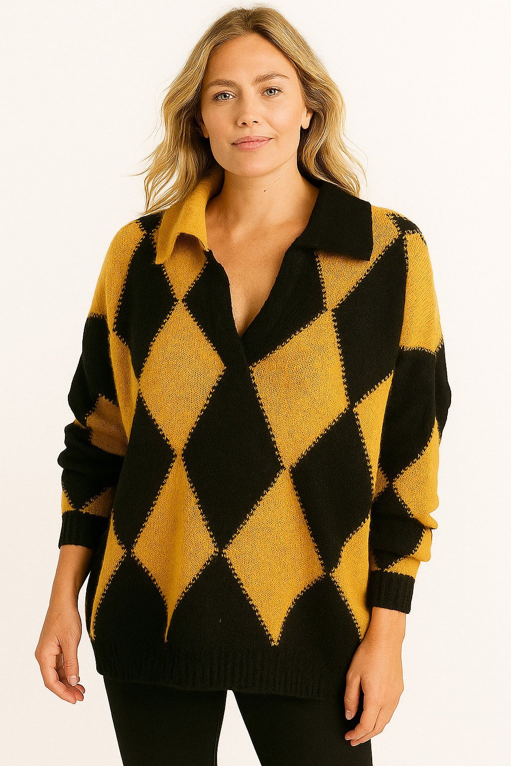 Sarı Siyah Polo Yaka Salaş Triko Kazak