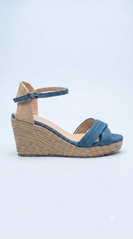 İndigo Rengi Jean Kumaş  Çapraz Model Dolgu Topuk Espadril