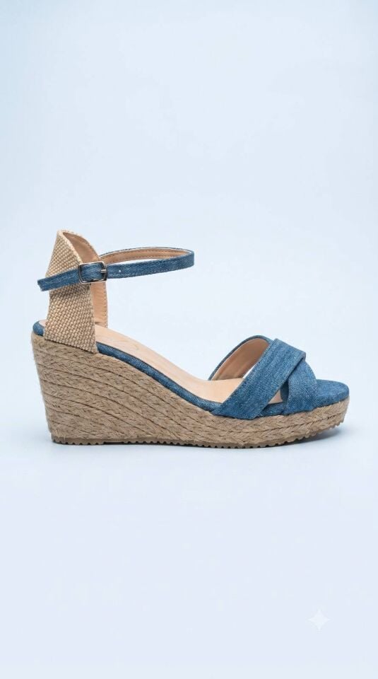 İndigo Rengi Jean Kumaş  Çapraz Model Dolgu Topuk Espadril